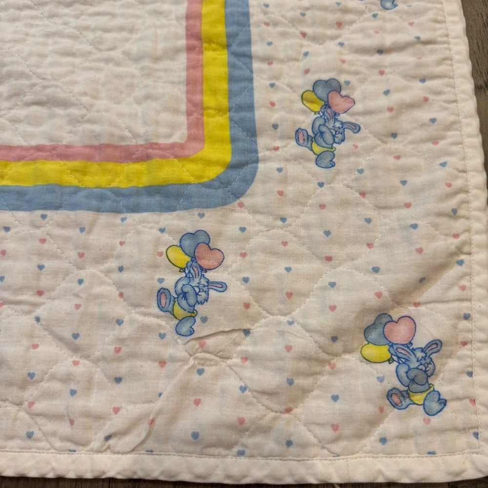 Vintage 80s Bunny Rabbit Balloons Baby Quilt Pastel Colors Nursery Decor Blanket